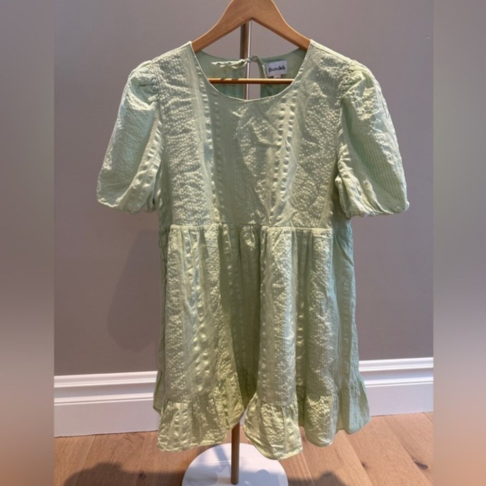 Sun-Deh Organic Cotton Green Sun Dress Seer Sucker Babydoll Textured Small